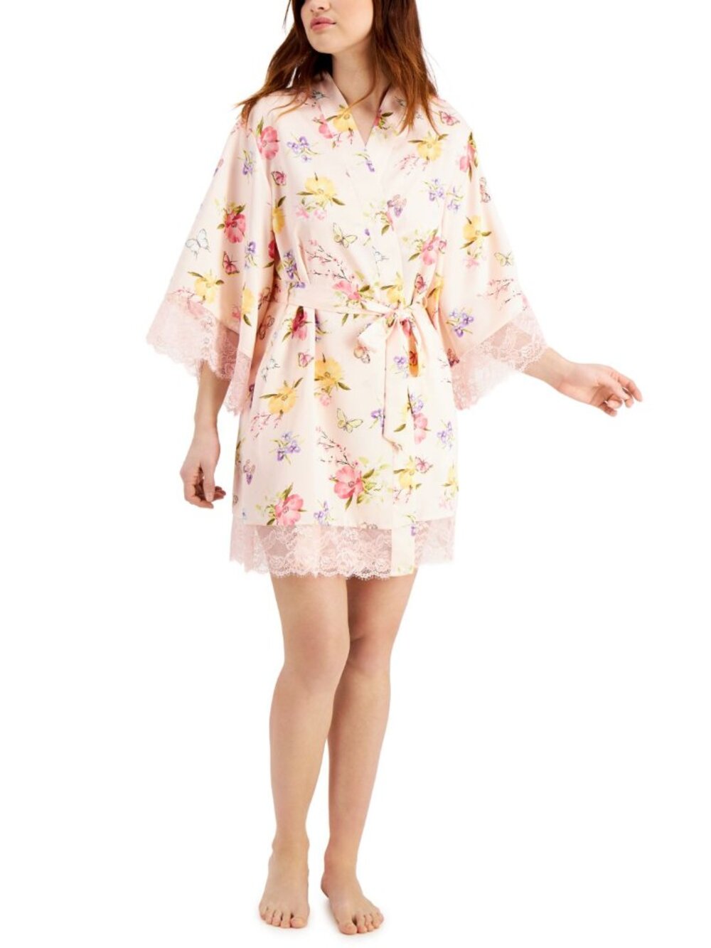 INC International Concepts Womens Sleepwear Lace-Trim Floral Wrap Robe